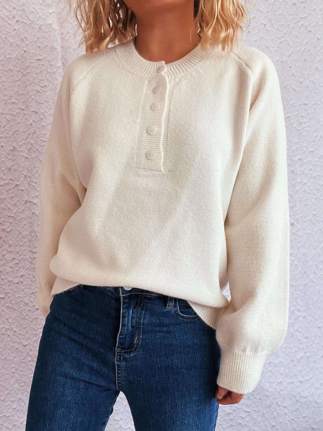 Button-Front Long Sleeve Sweater - Fashorio