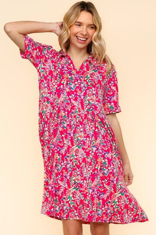 Johnny Collar Babydoll Dress with Pockets in Fuchsia side view