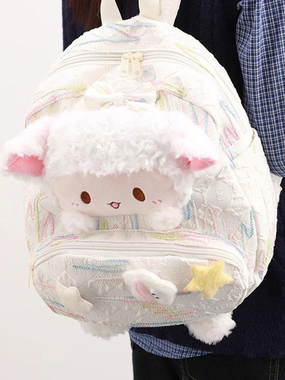 White plush sheep backpack back and straps
