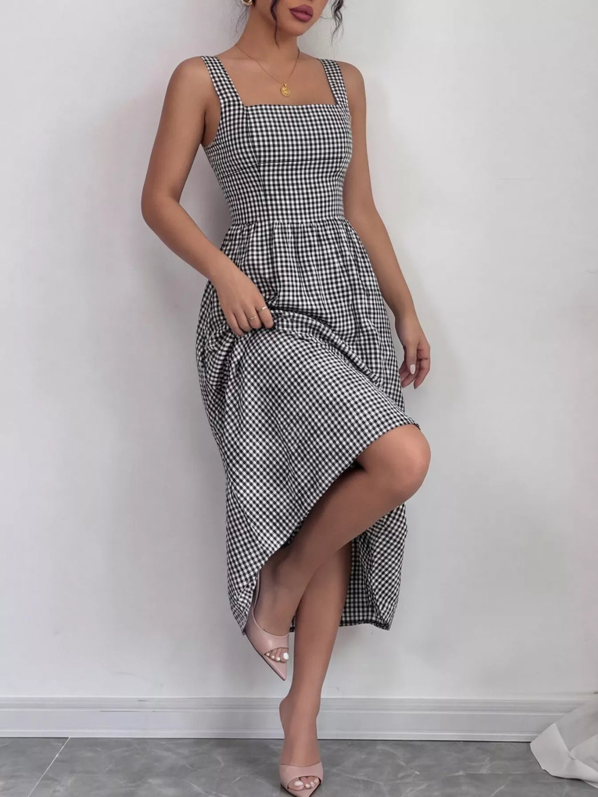 Elowen square neck gingham dress in black, front view