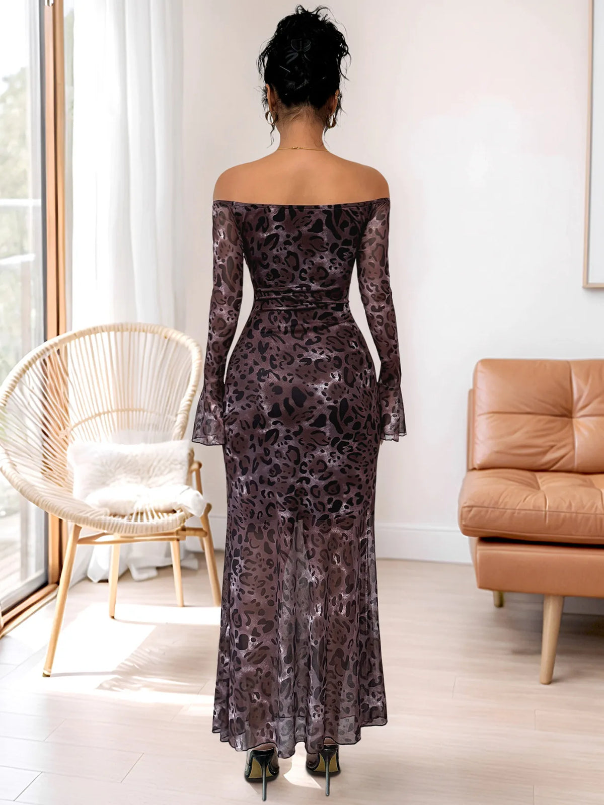 off shoulder long sleeve maxi dress styled full length