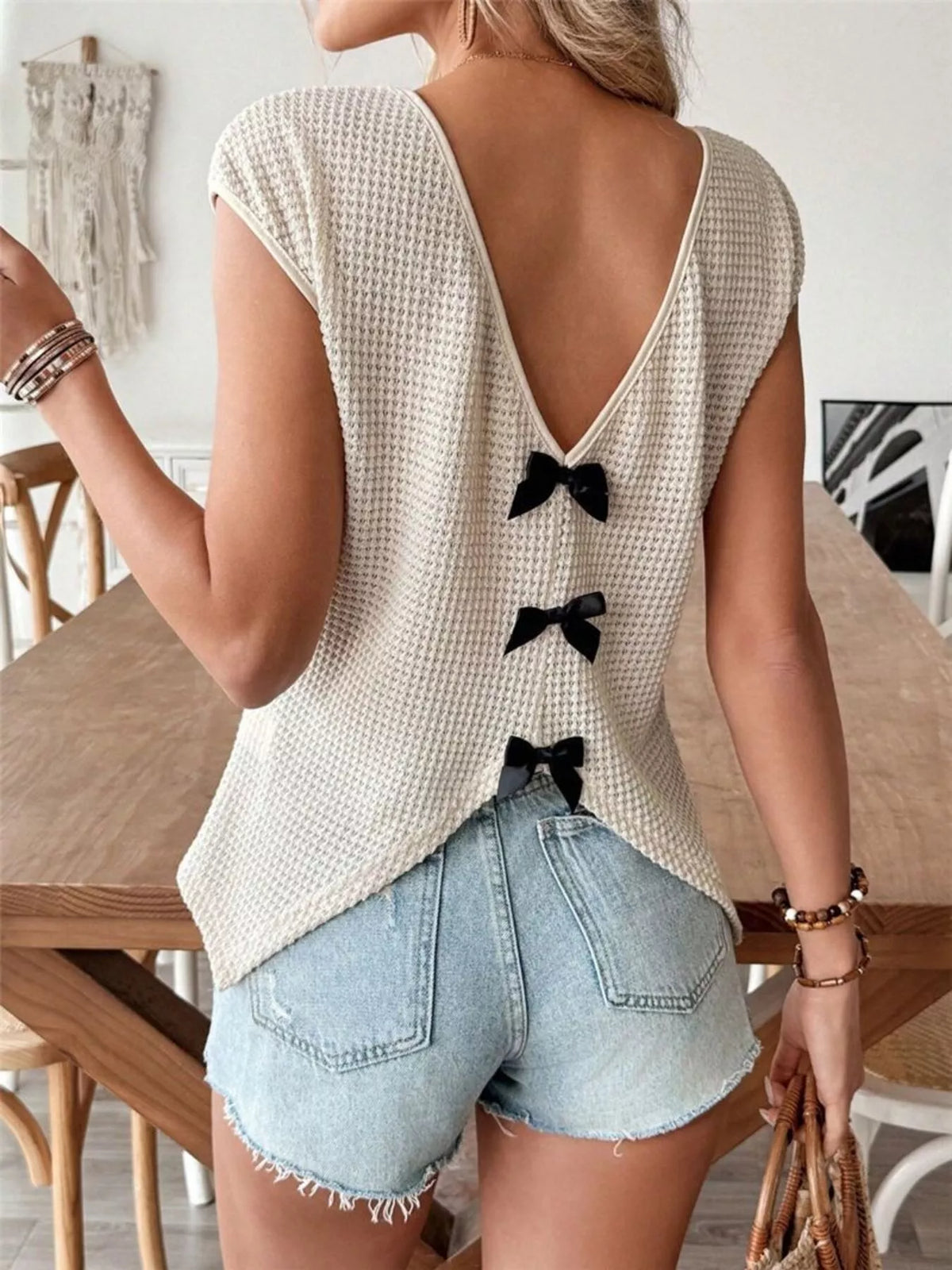 Waffle knit V neck cap sleeve top full length view