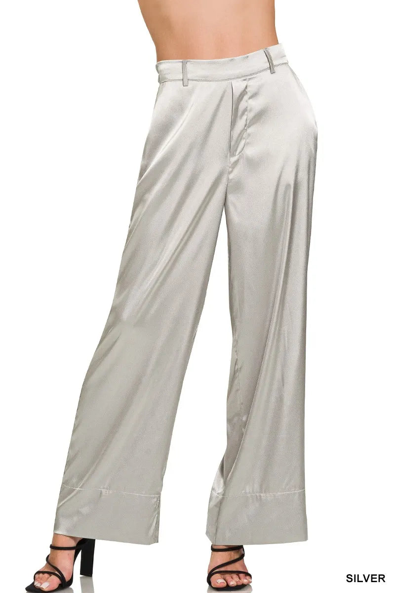 Zenana Wide-Leg Satin Pants SILVER - Fashorio
