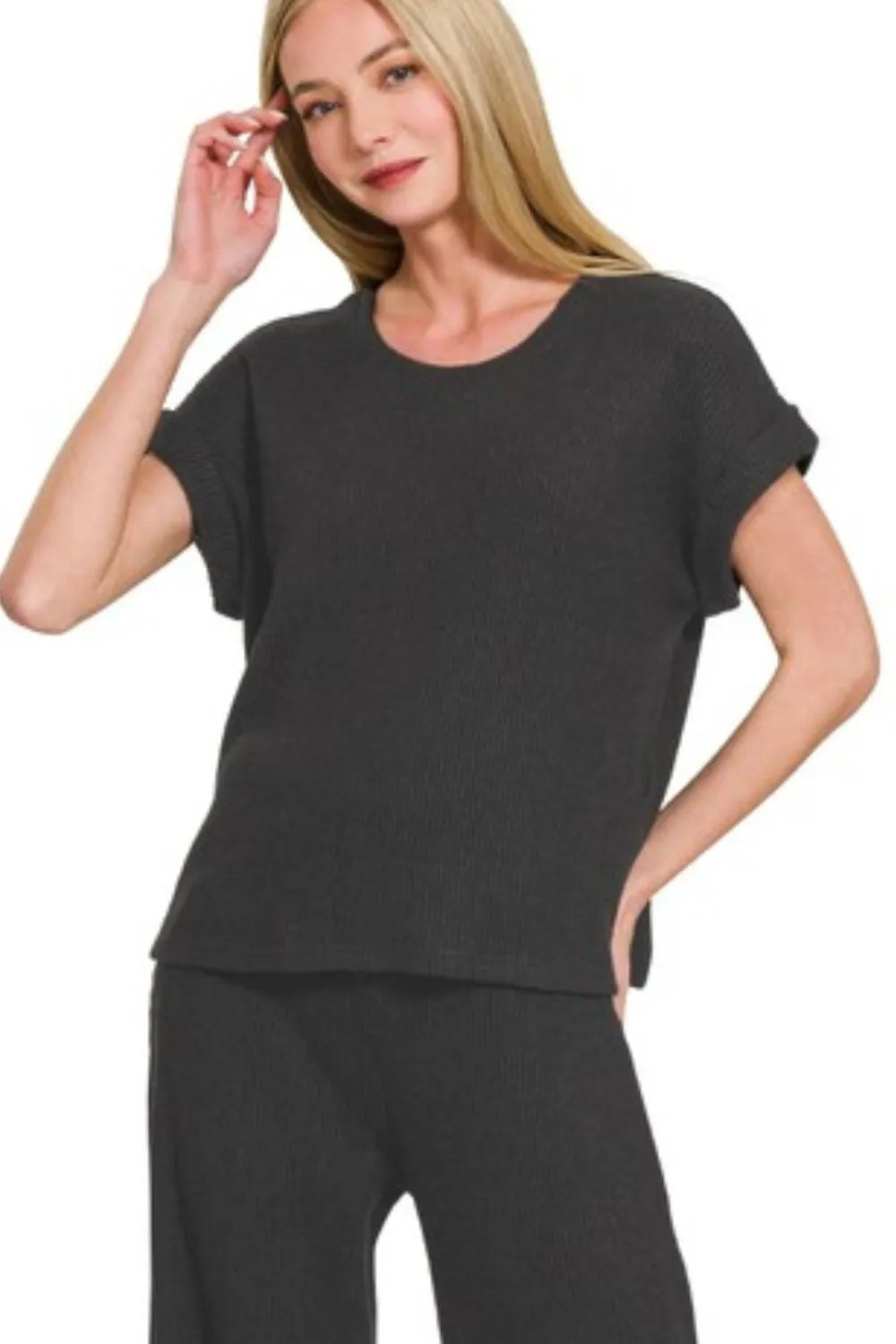 Rolled Sleeve Sweater Top and Pants Set in Black back view