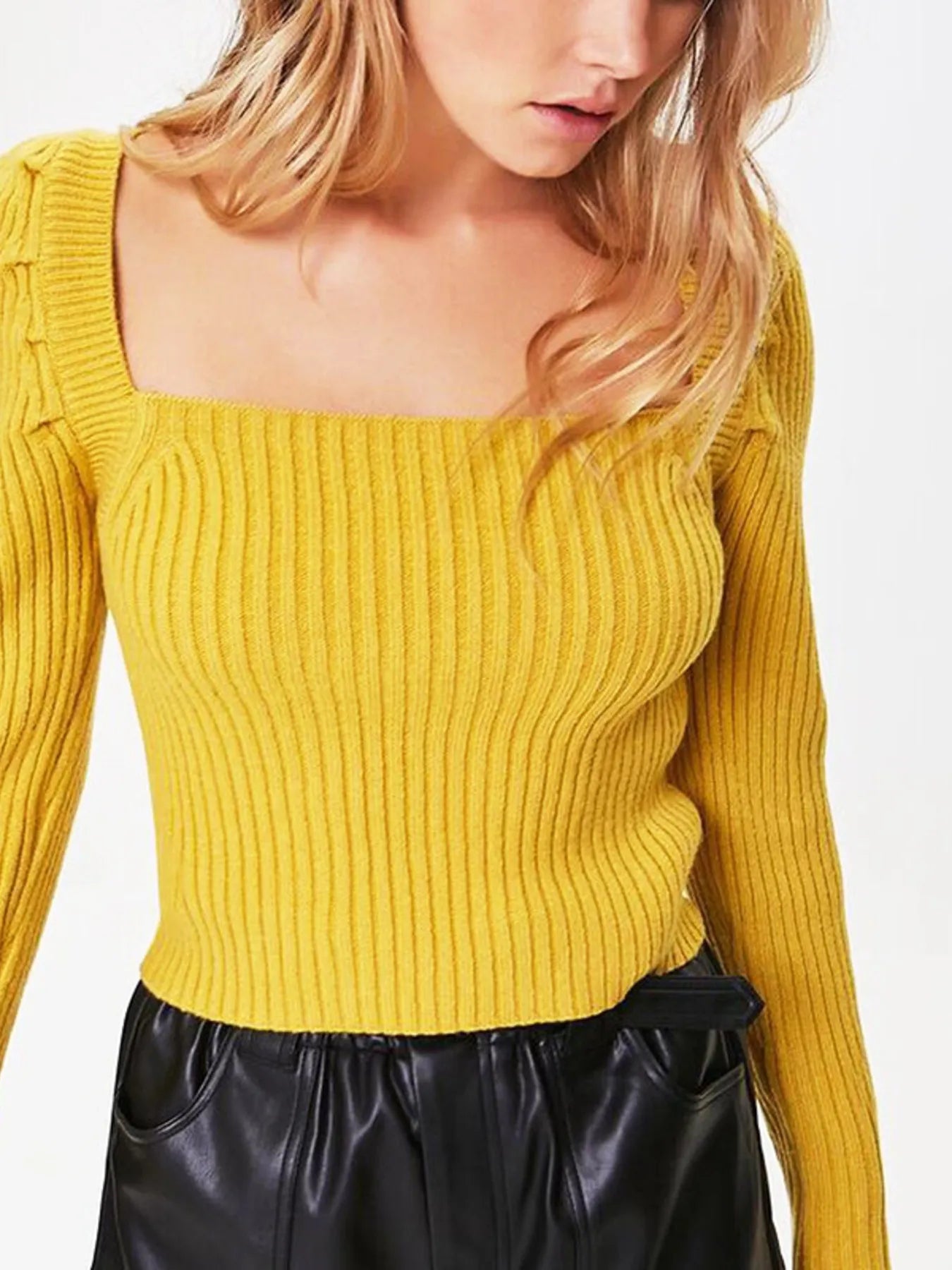 Ribbed Square Neck Long Sleeve Sweater Yellow - Fashorio