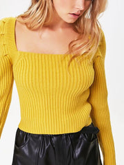 Ribbed Square Neck Long Sleeve Sweater Yellow - Fashorio