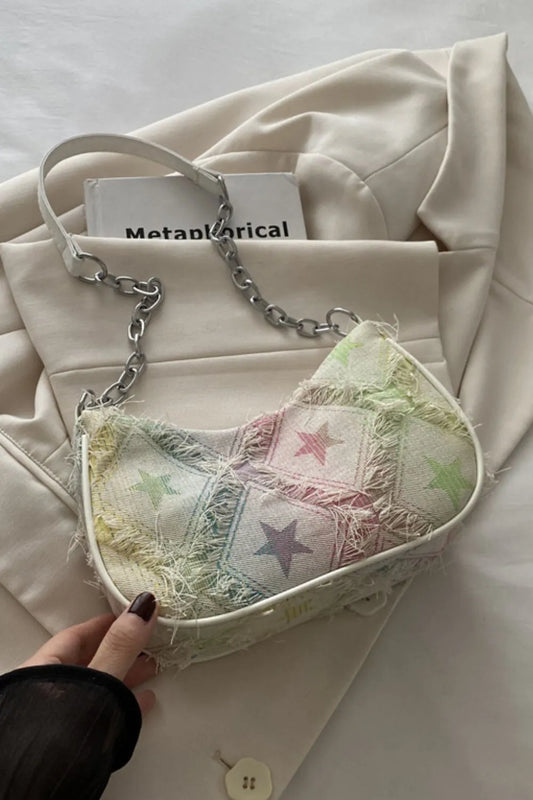 Fringe Star Print Shoulder Bag Ivory One Size - Fashorio