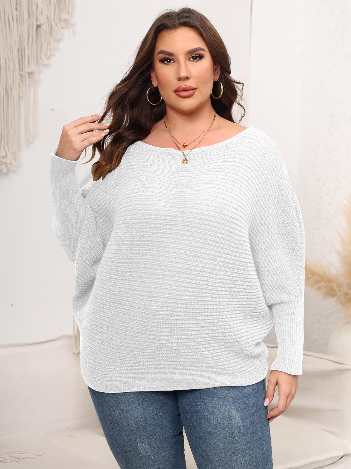 Full Size Boat Neck Batwing Sleeve Sweater - Fashorio