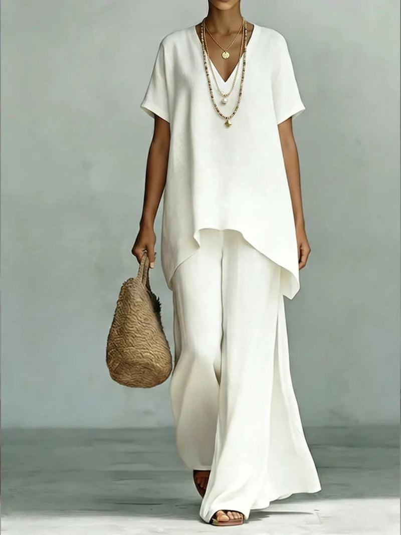 V neck top and wide leg pants matching set