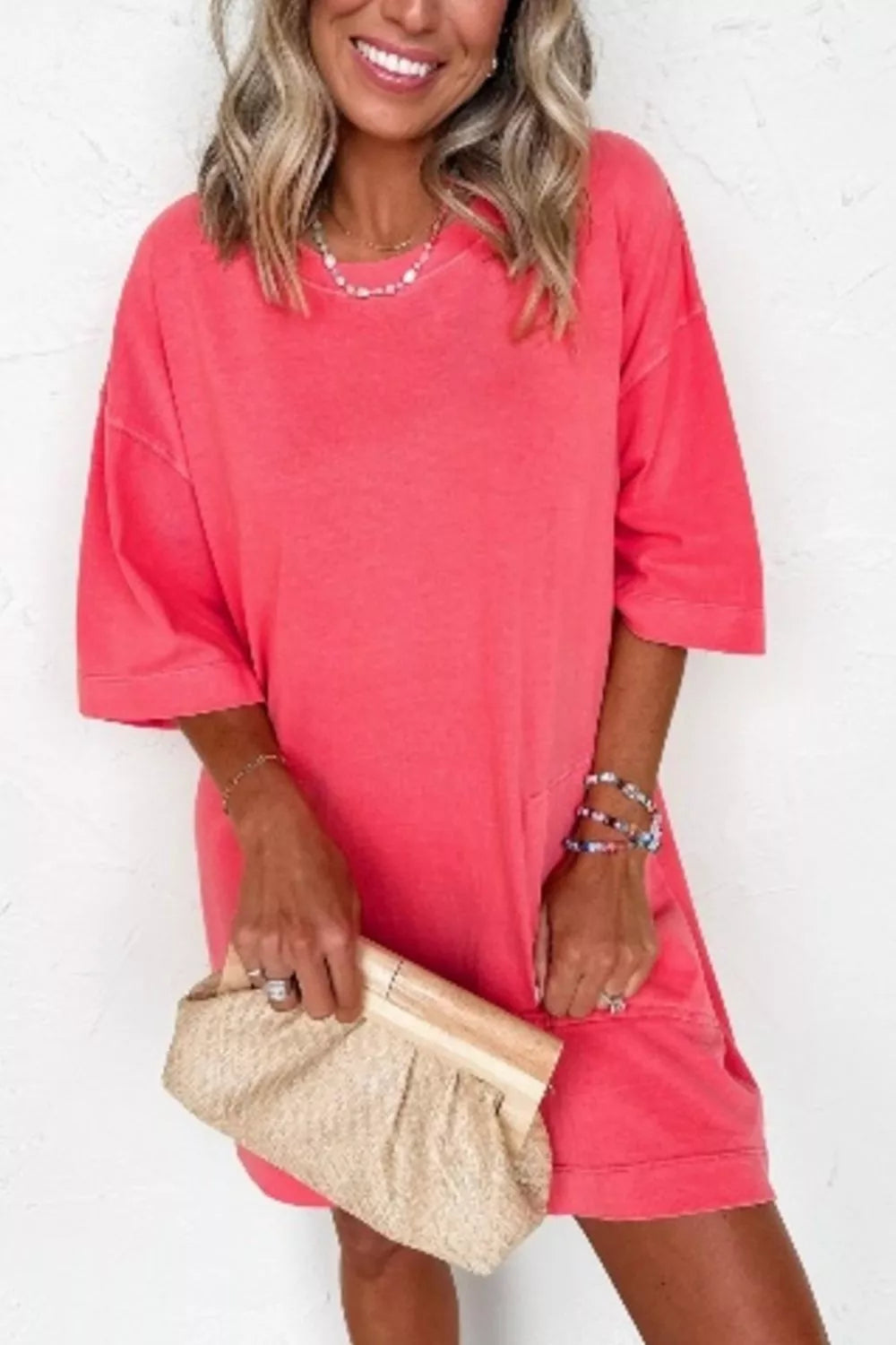 Strawberry coral drop shoulder t shirt mini dress front view