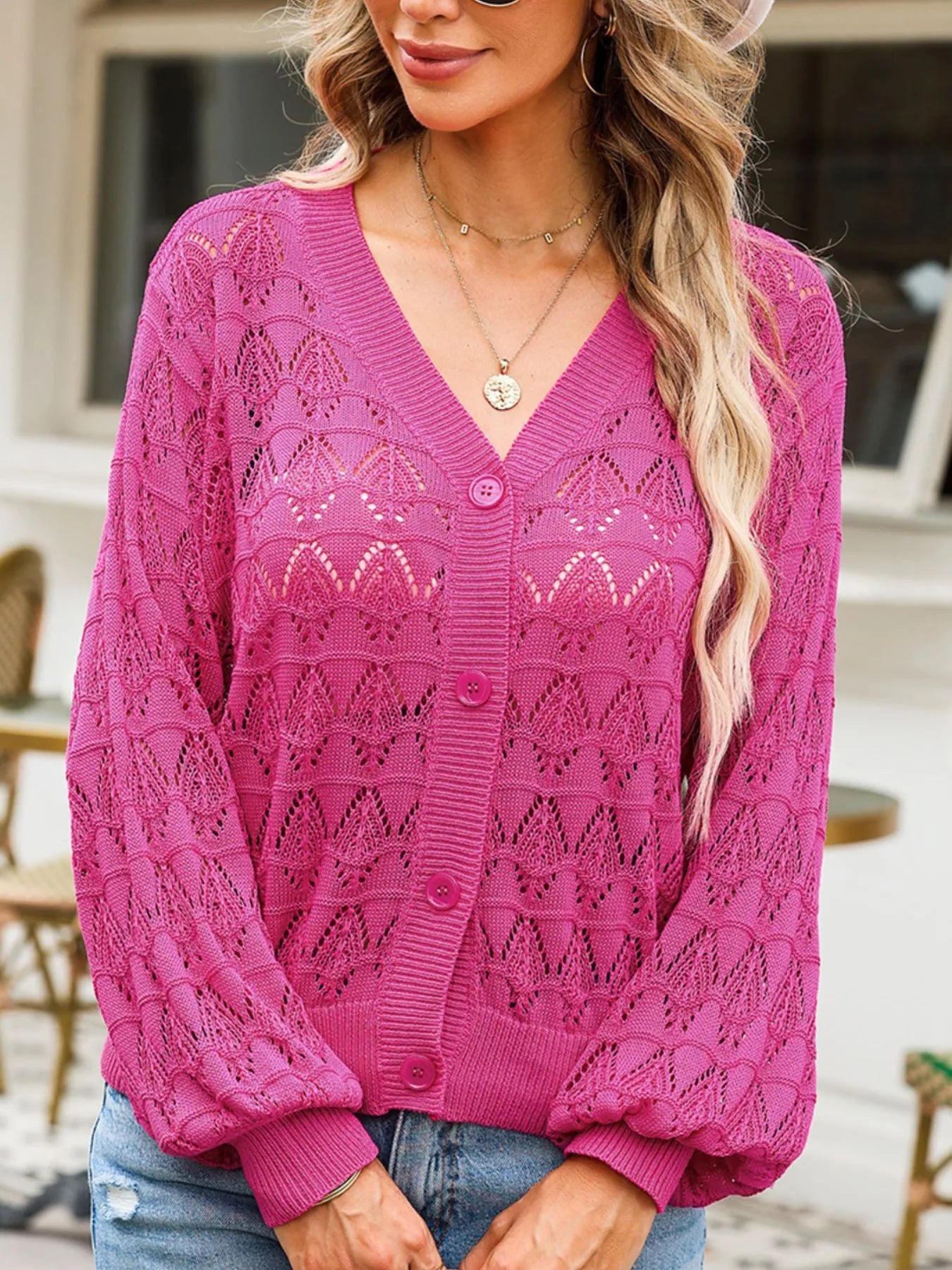 Buttoned Front Openwork Cardigan - Fashorio