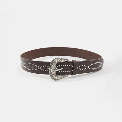 PU Leather Rhinestone Belt Coffee Brown - Fashorio