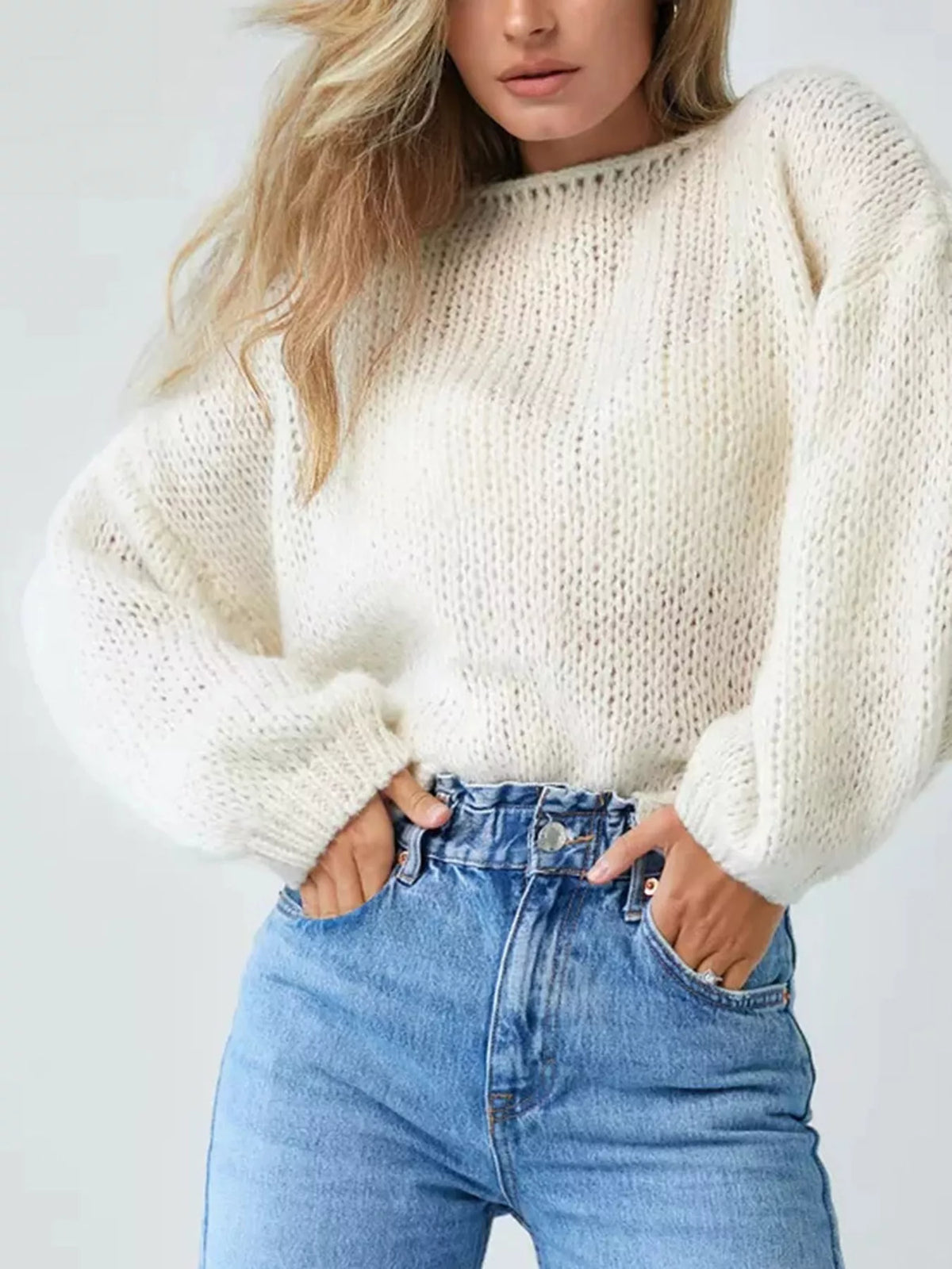 Chunky knit pullover full outfit view
