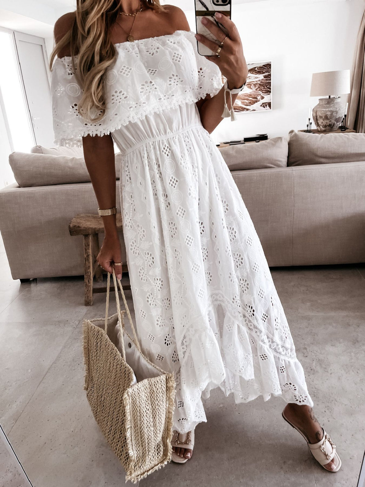 off shoulder eyelet lace maxi dress in white side view