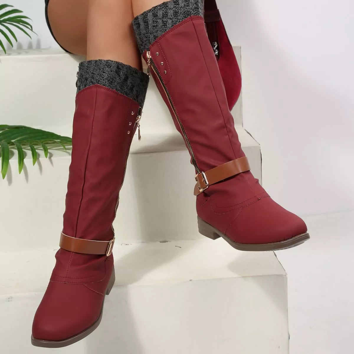 Red round toe block heels boots top down view