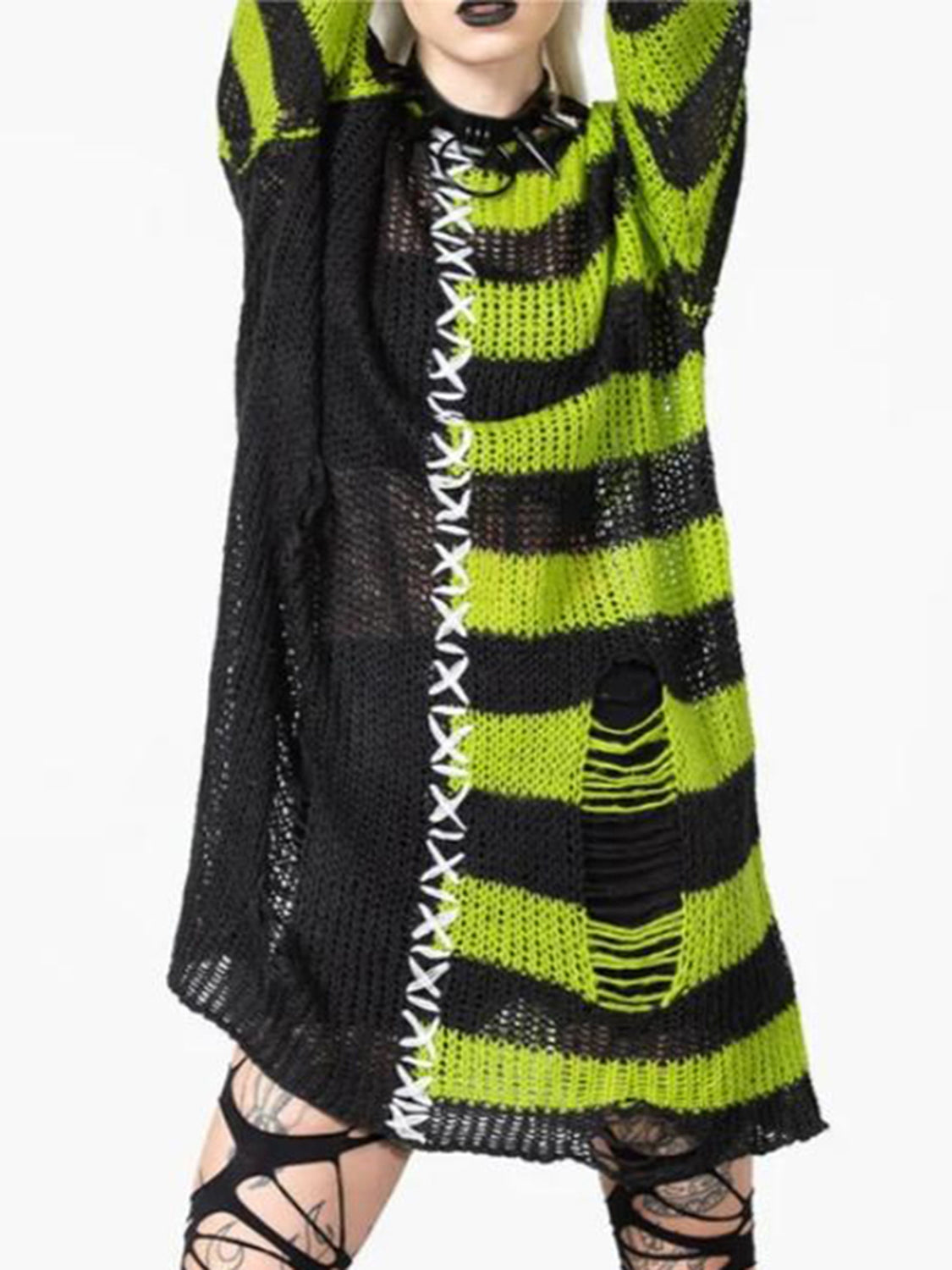 Striped Distressed Tunic Sweater - Fashorio