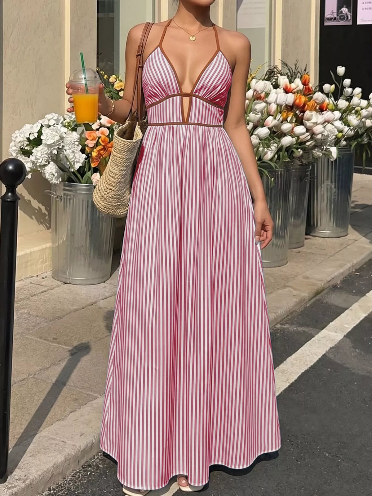 Navy blue striped halter neck maxi dress front view