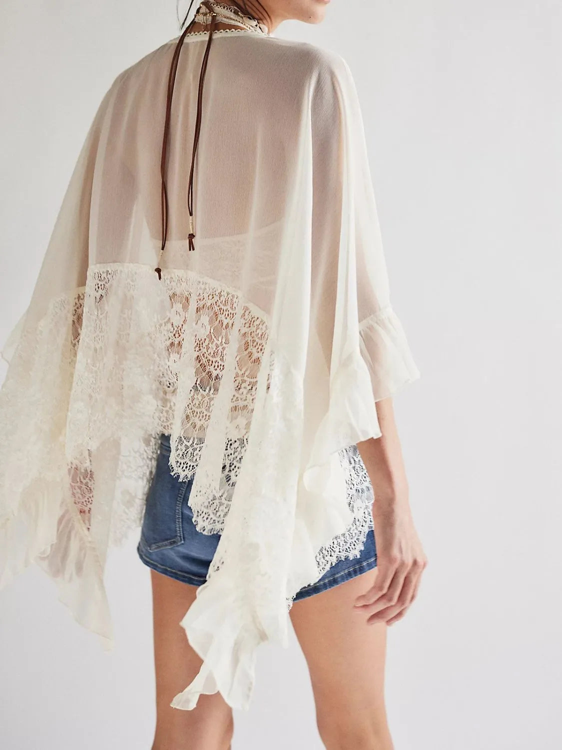 Lace V-Neck Ruffle Long Sleeve Cover-Up - Fashorio