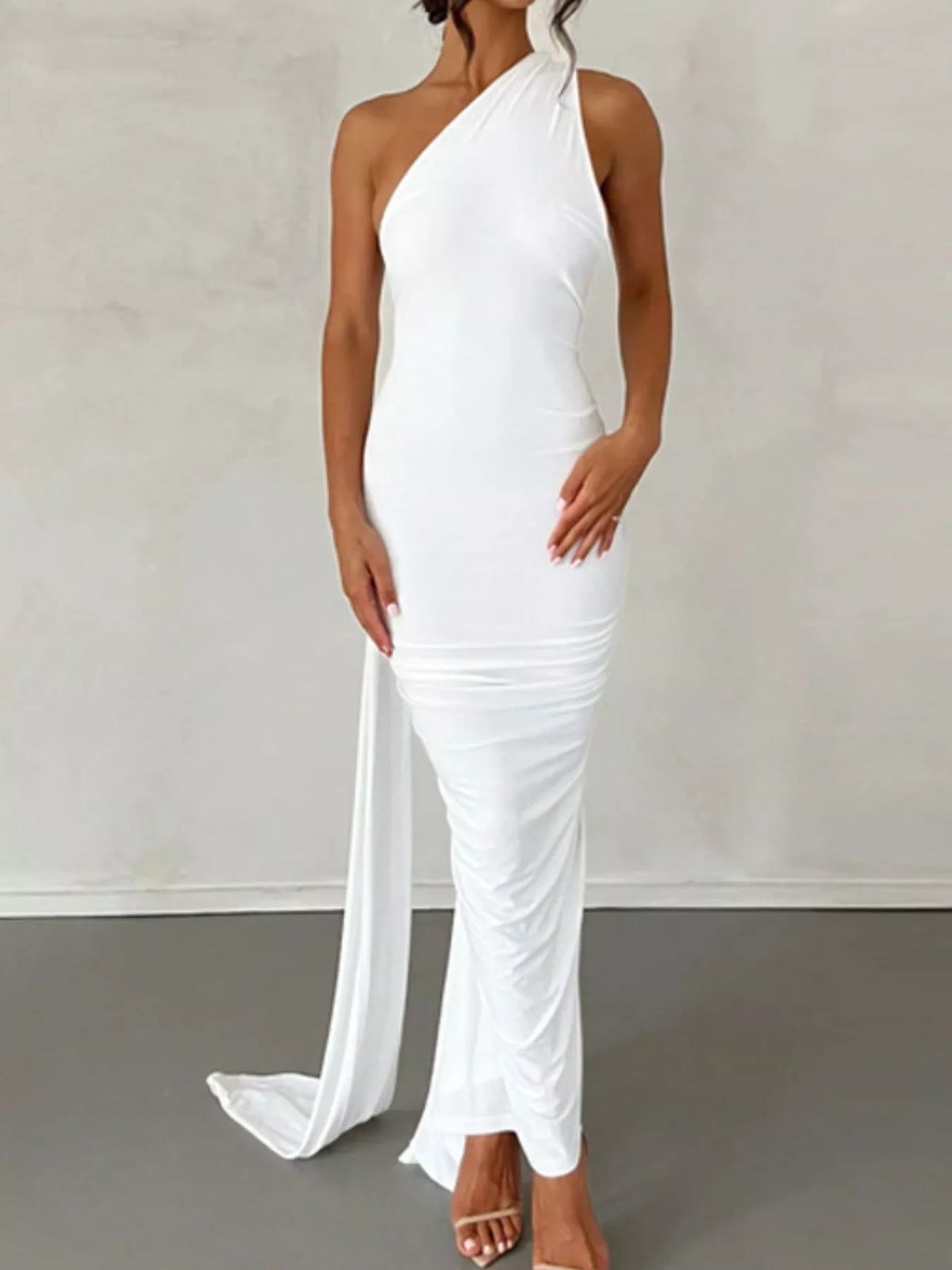 One Shoulder Ruched Bodycon Maxi Dress back view