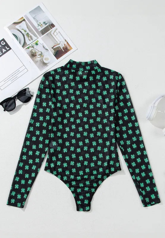 Lucky Clover Mock Neck Long Sleeve Bodysuit - Fashorio