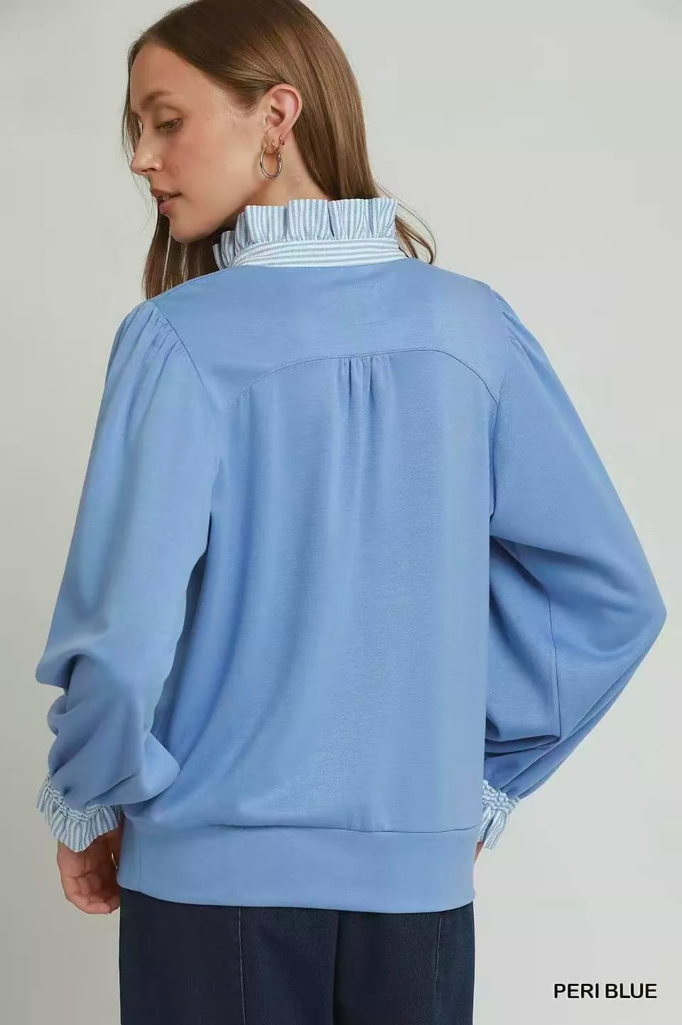 Umgee periwinkle blue striped ruffle neck top, side view