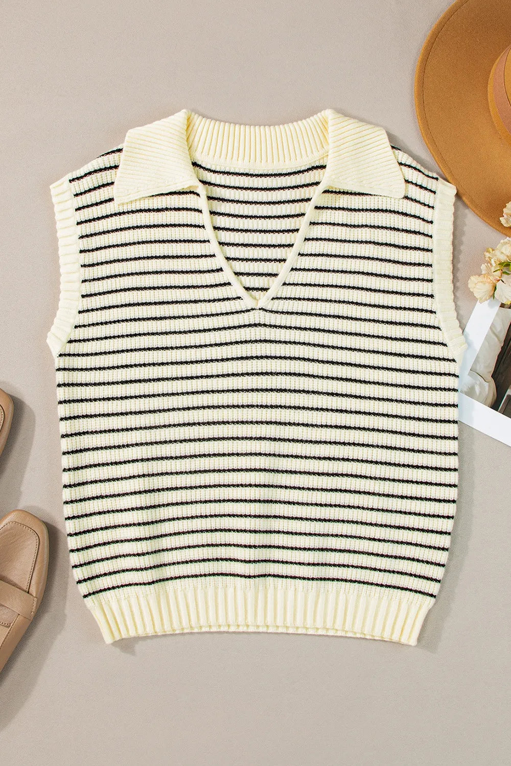 Striped Johnny Collar Sweater Vest in Beige close up
