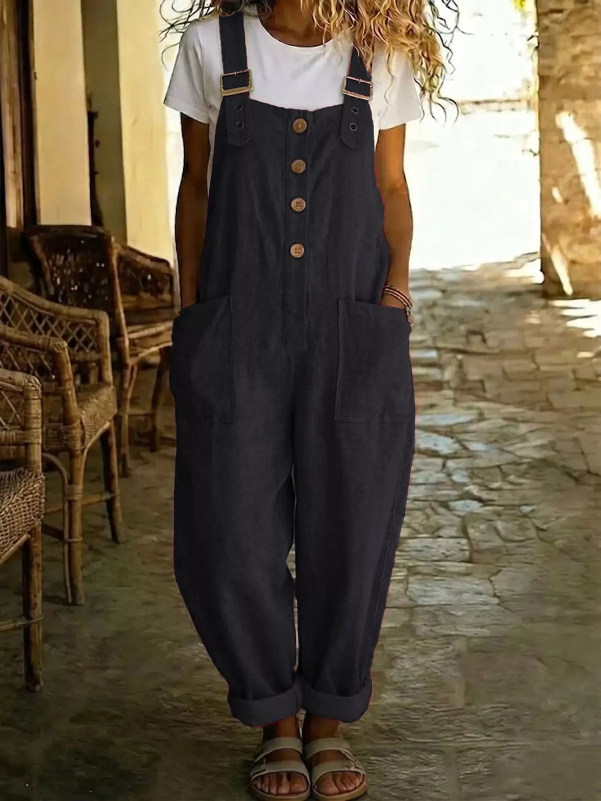 Button front wide leg overalls front view