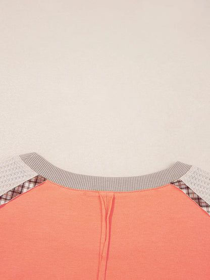 Plaid Waffle Flower Patchwork Contrast Top - Fashorio