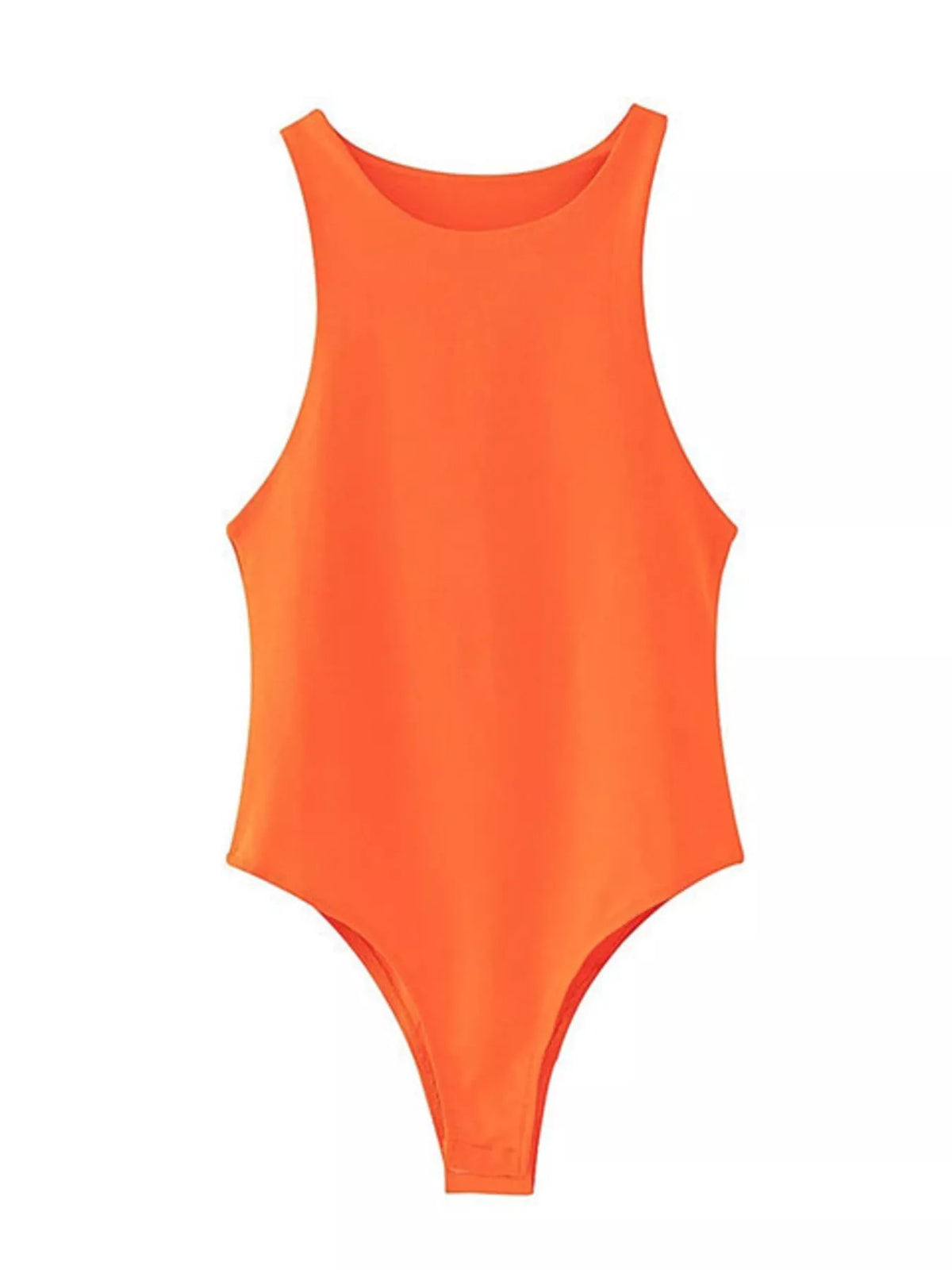 Back view of round neck sleeveless bodysuit
