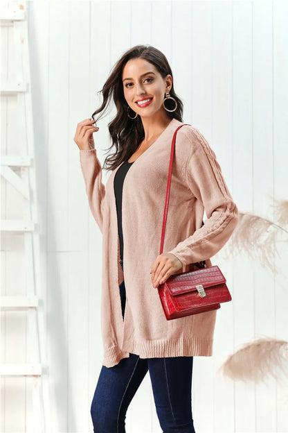 Cable-Knit Open Front Long Sleeve Cardigan - Fashorio