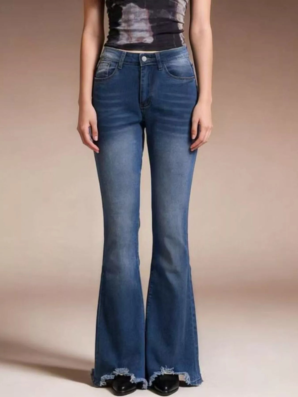 Blue raw hem high waist flare jeans front