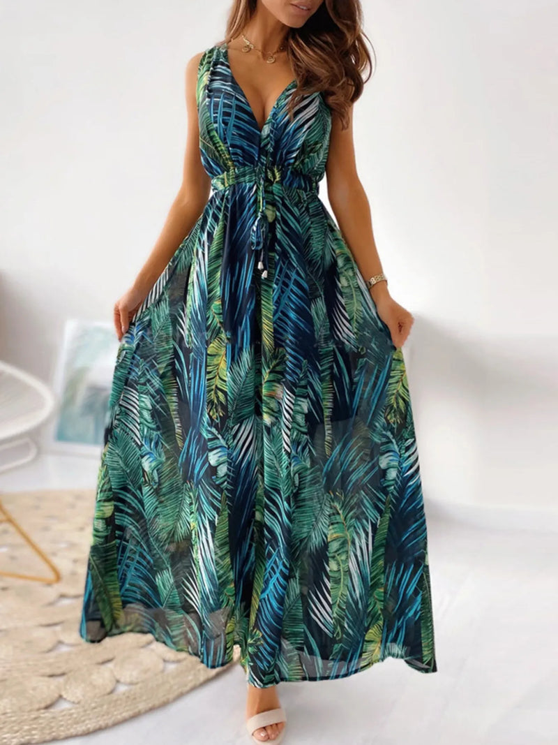 Leaf print sleeveless maxi dress, front view