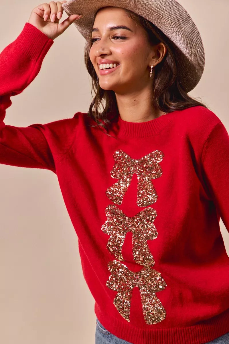 Sequin Bow Ribbon Christmas Sweater in Red and Gold styled look