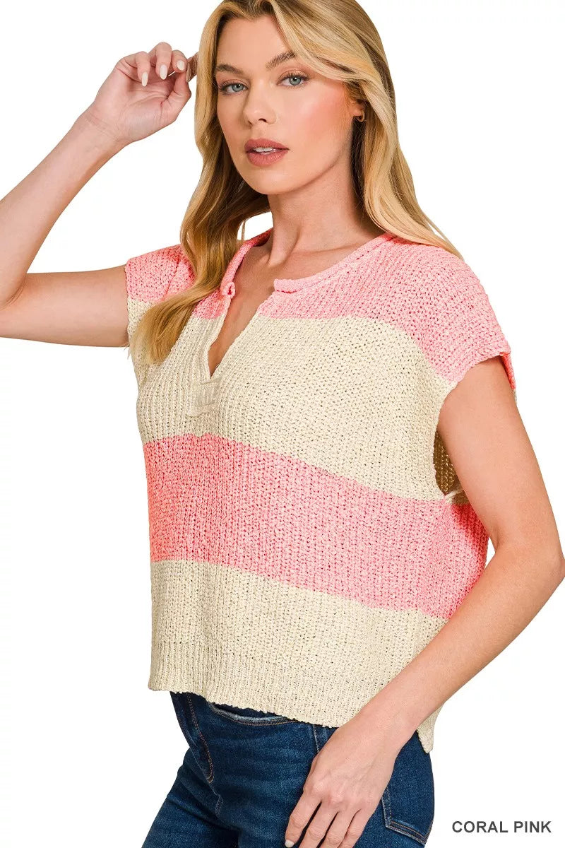 Split Neck Sleeveless Striped Sweater in Coral Pink
