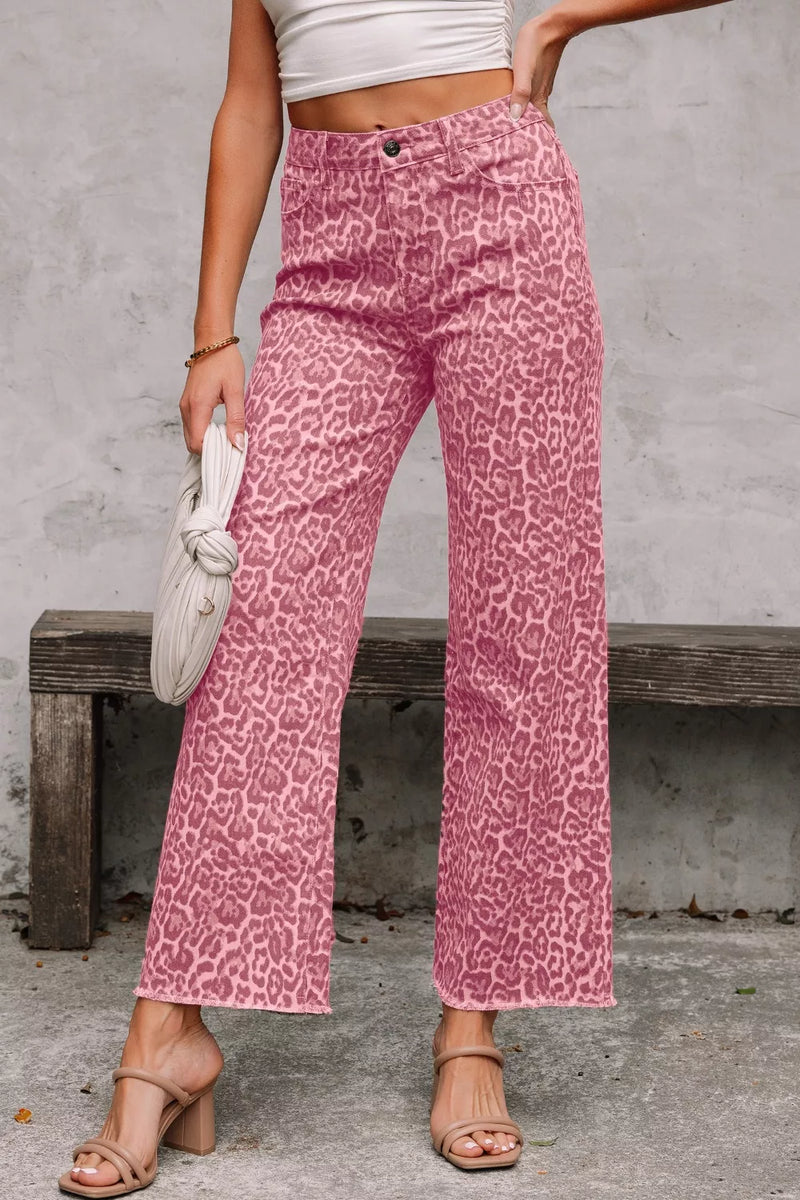Leopard wide leg high waist jeans front view