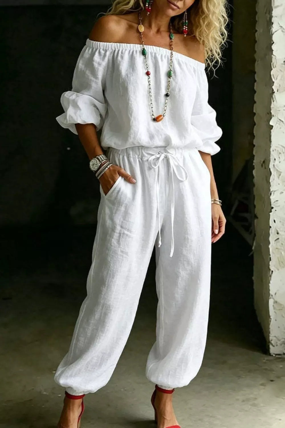 Off shoulder top and pants set front view