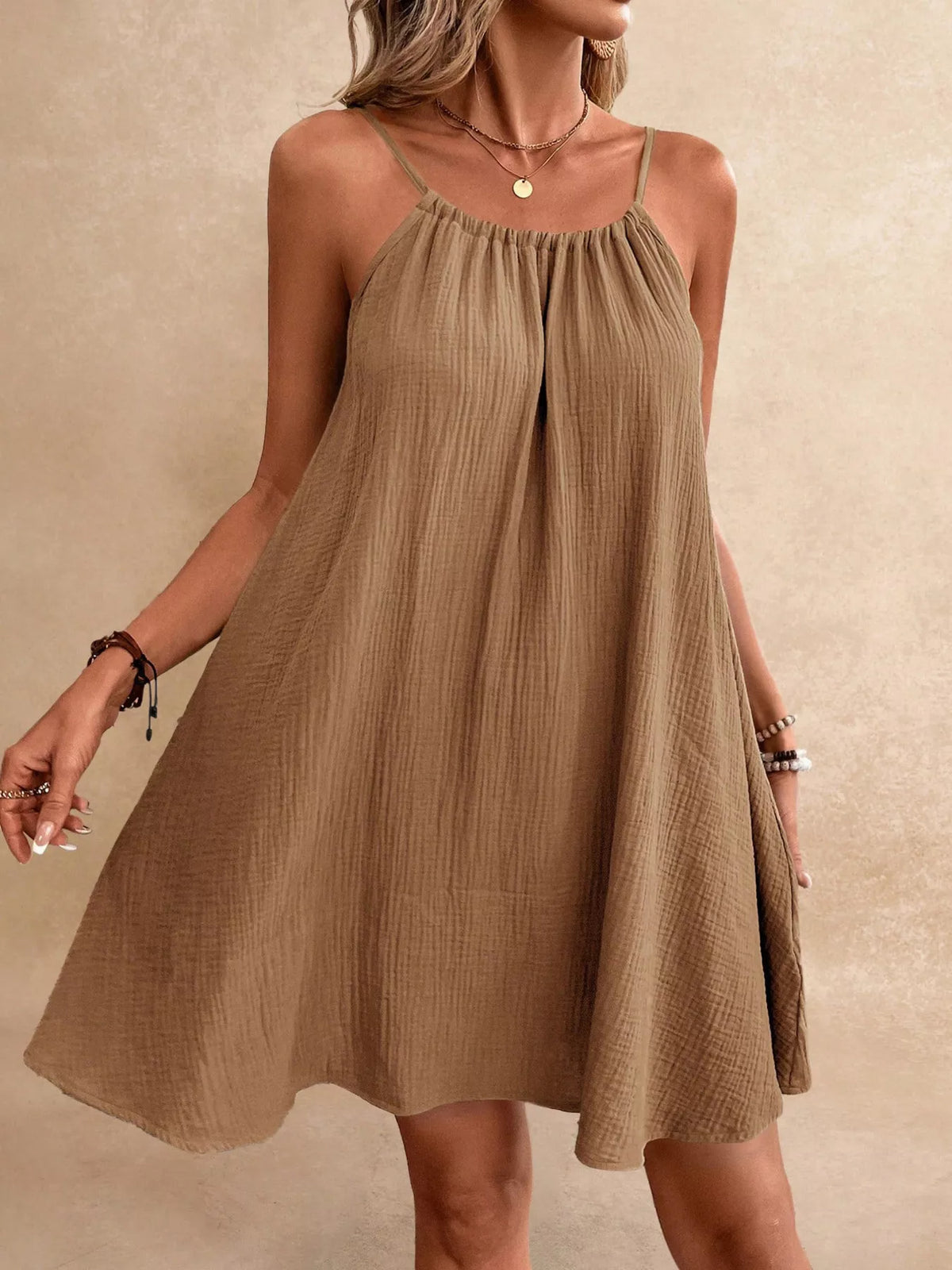 Spaghetti strap gauze dress three quarter angle