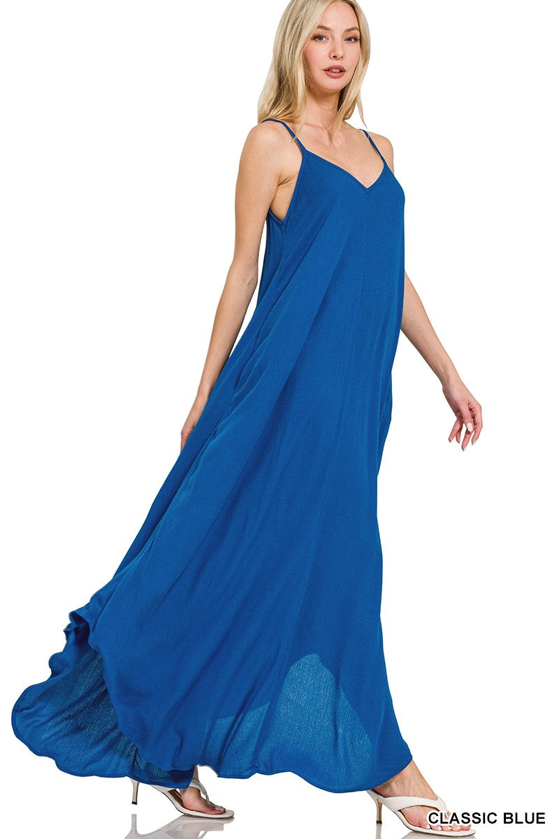 Crinkle Cami Maxi Dress with Pockets in Classic Blue back view
