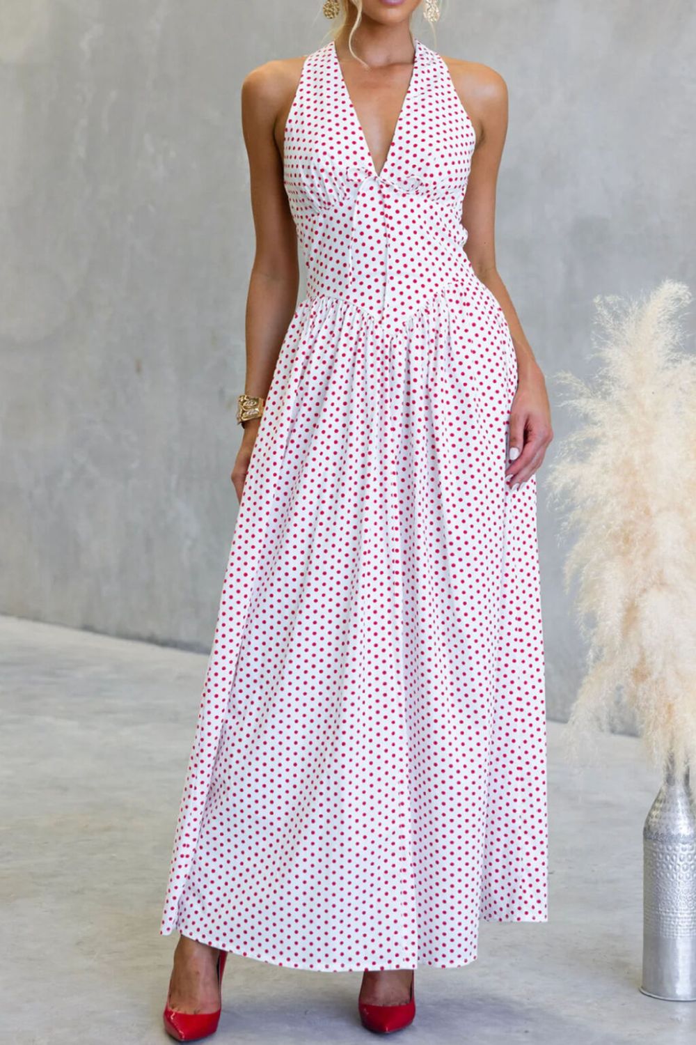 polka dot backless halter neck maxi dress full length view