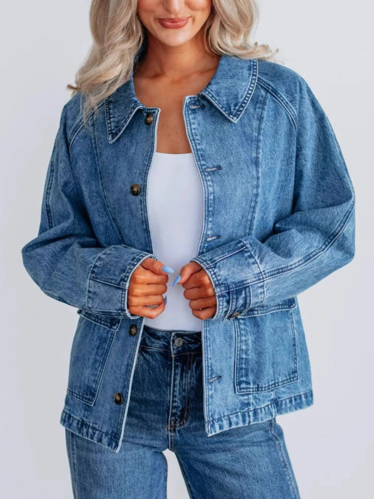 Raglan Sleeve Button Up Denim Jacket in Blue side view