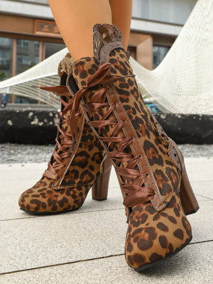 Lace Up Block Heels Boots Leopard Brown - Fashorio