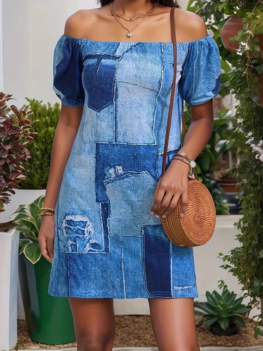 Patchwork Off Shoulder Denim Mini Dress Royal Blue - Fashorio