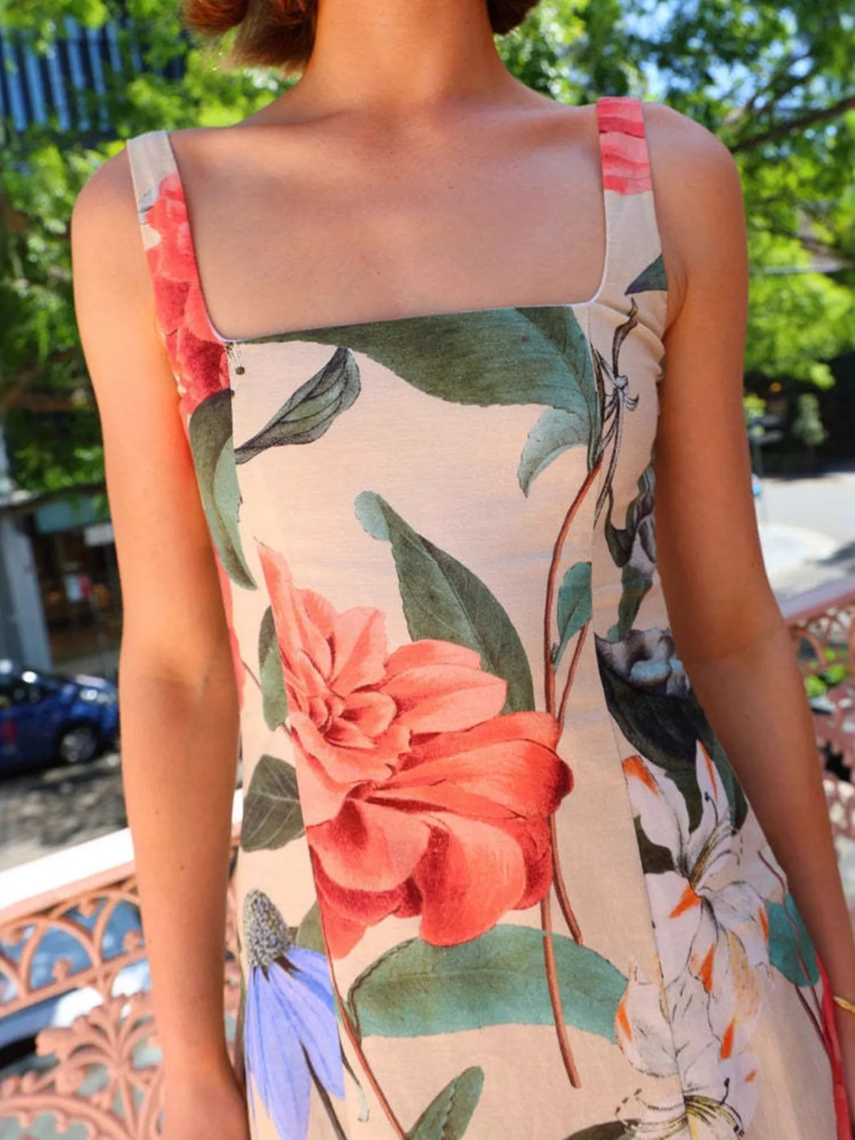 Floral square neck tiered maxi dress close up view