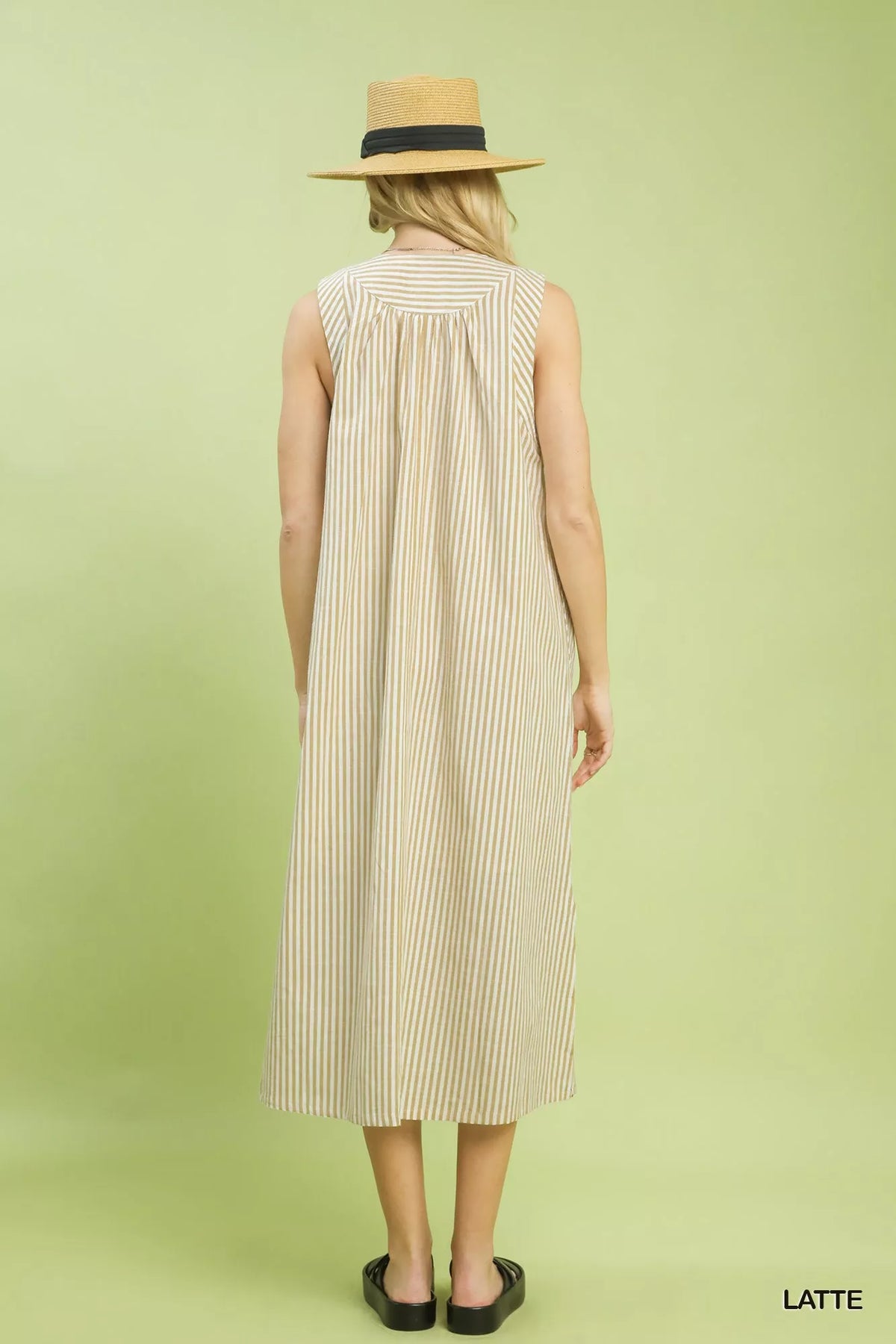 Latte chevron stripe sleeveless V neck midi dress back view