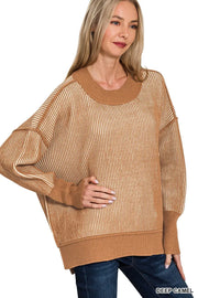 Zenana Exposed Seam Two Tone Ribbed Sweater DEEP CAMEL - Fashorio