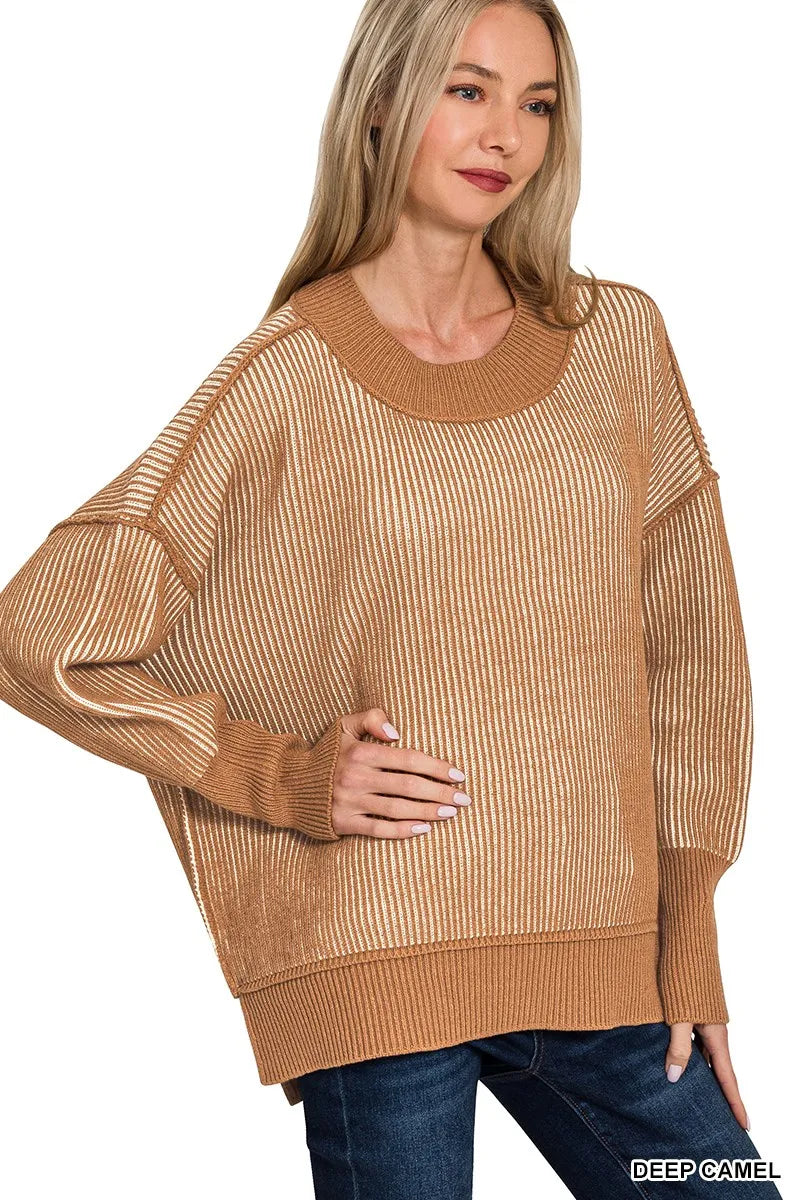 Zenana Exposed Seam Two Tone Ribbed Sweater DEEP CAMEL - Fashorio