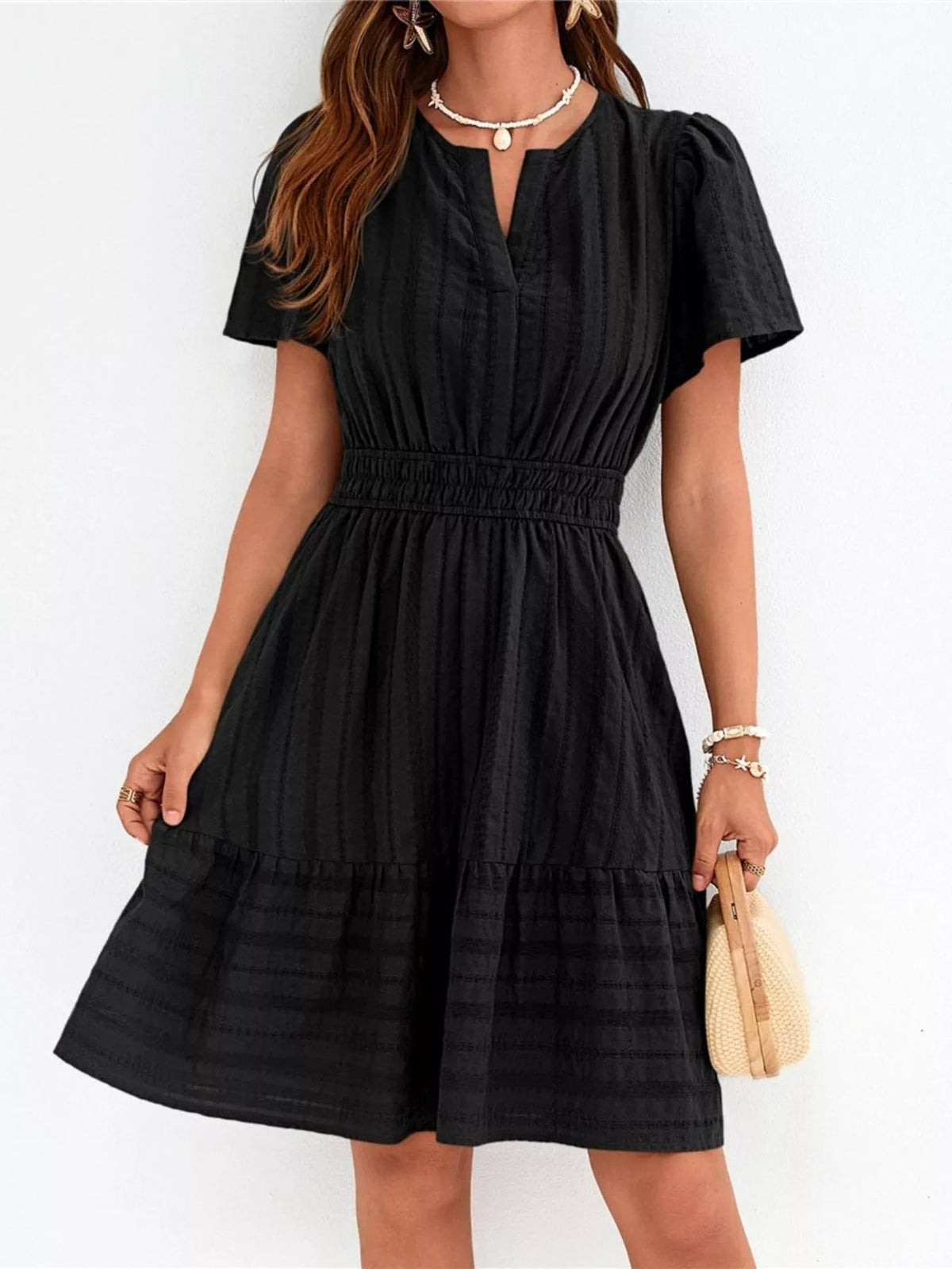 Short sleeve smocked waist tiered midi dress front view