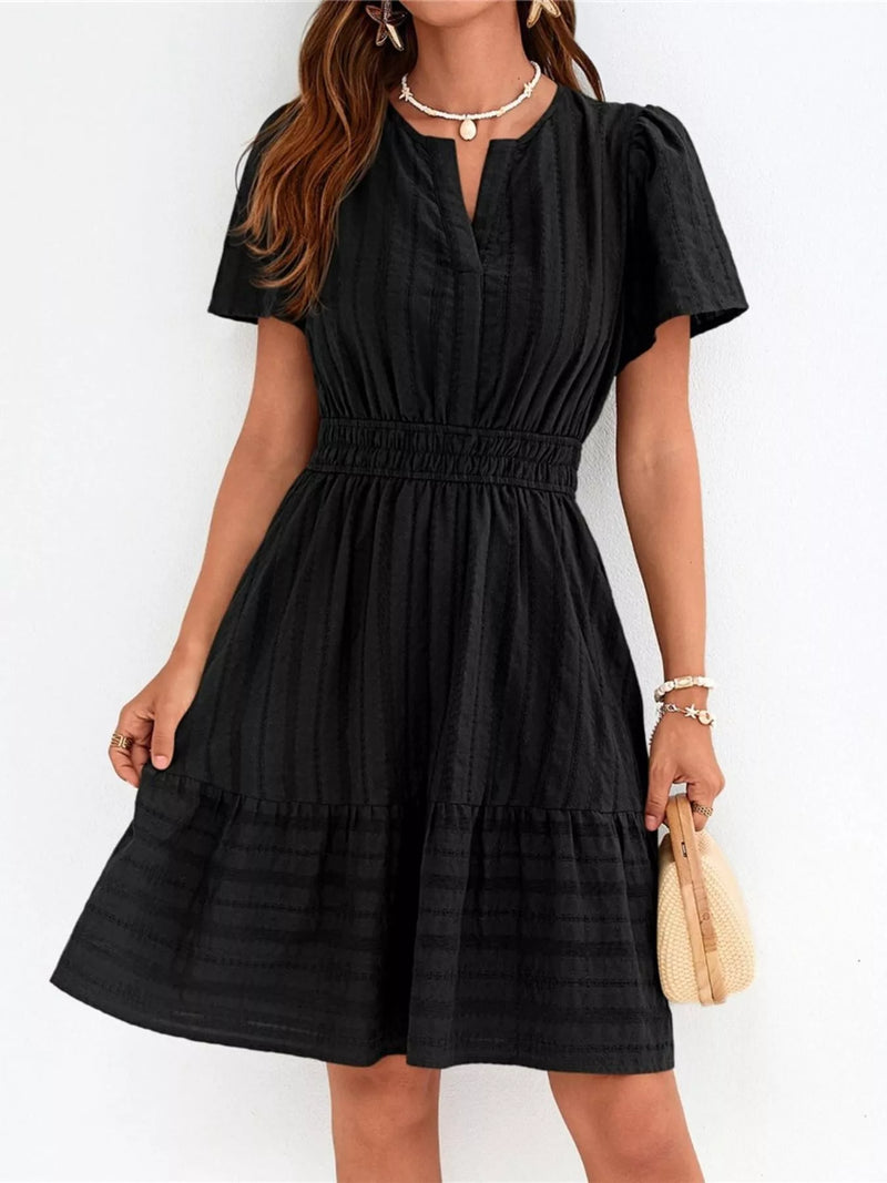 Short sleeve smocked waist tiered midi dress front view
