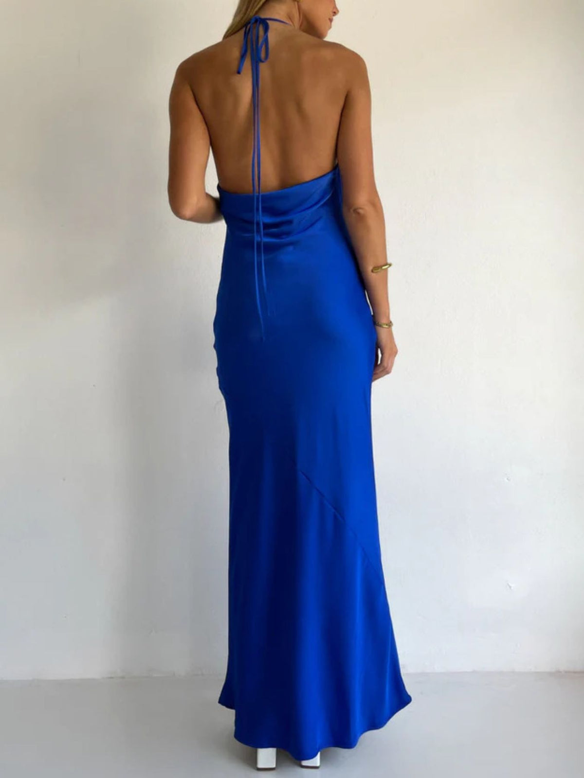 Halter neck satin maxi dress angled view