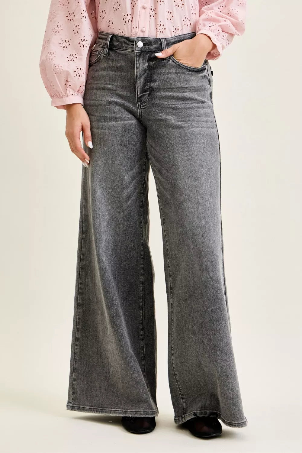 Mid rise palazzo wide leg pants side drape